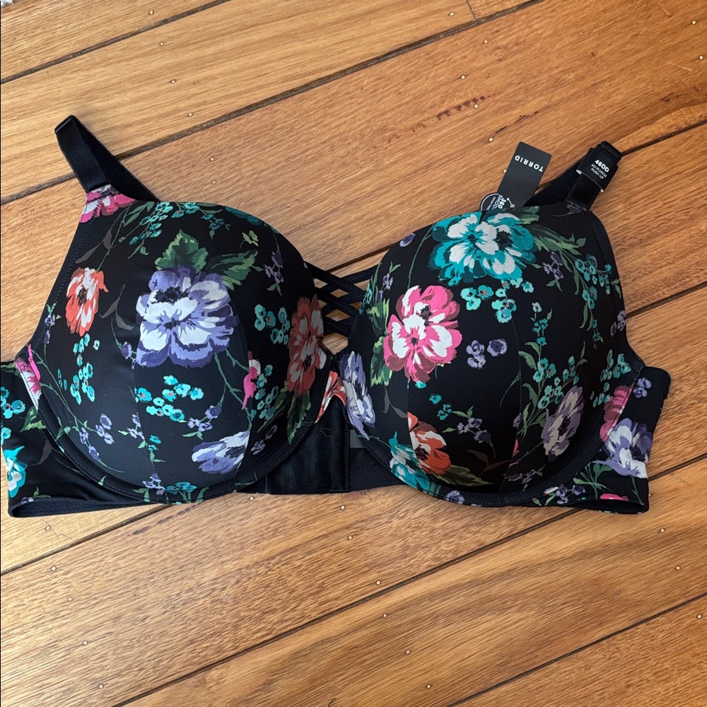 Floral Black Push-Up Bra with Teal & Pink Blooms